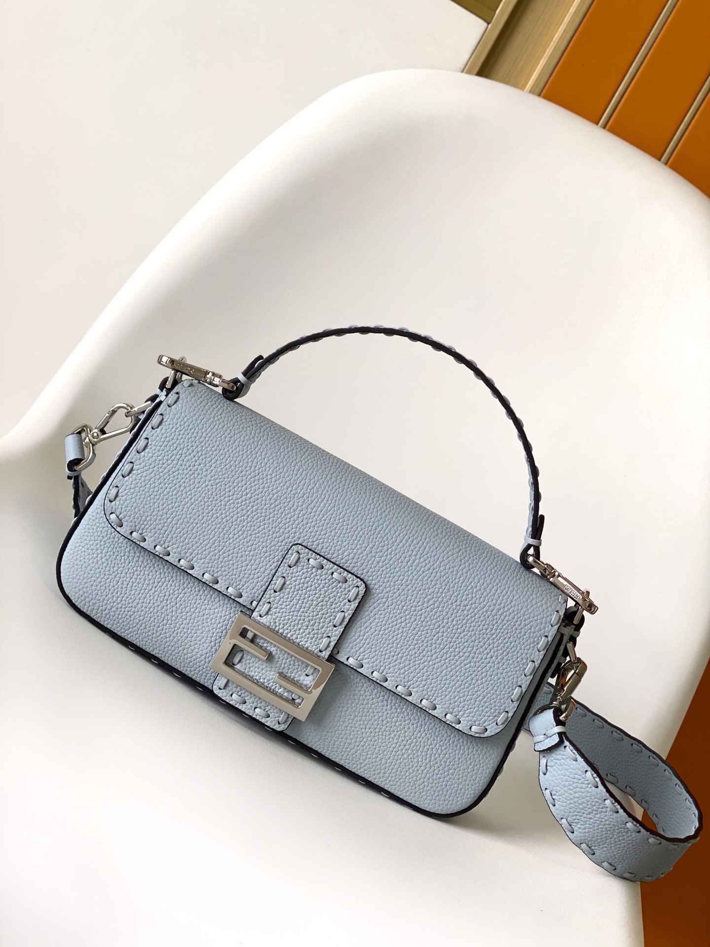 Fendi Medium Baguette Selleria Bag with 612 Hand-sewn Topstitches Shoulder Bag Light Blue